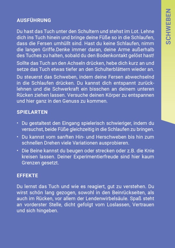 Schwebende Yoga-Übung mit Tuch, Rückseite mit Texten zu Ausführung, Varianten und Effekten der Asana